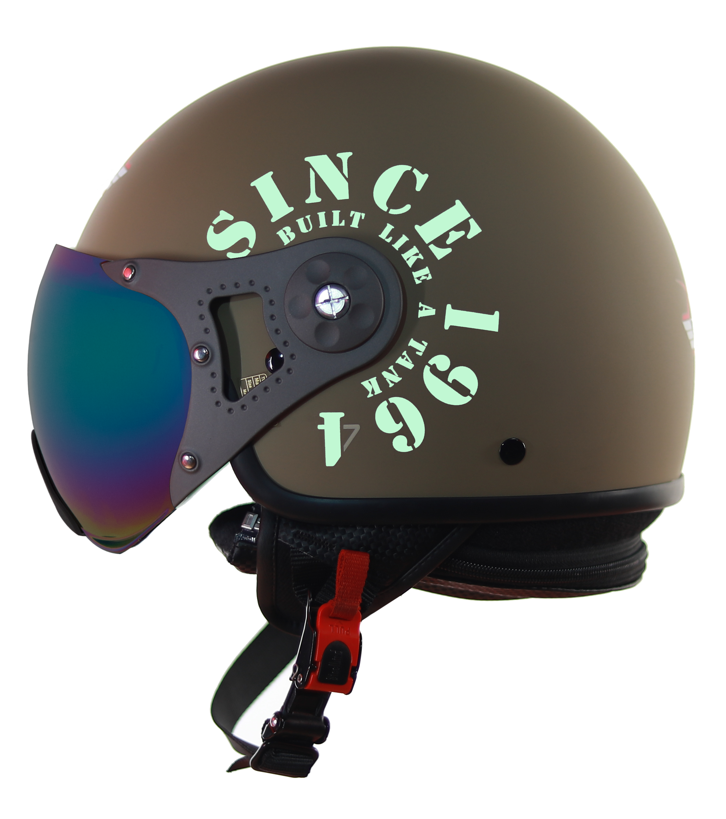 Steelbird SB-27 Tank ISI Certified Open Face Graphic Helmet (Matt Desert Storm Military Green With Chrome Rainbow Visor)